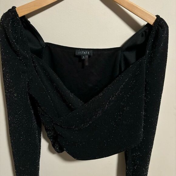 1.State Cropped Textured Wrap Top Black Glitter Shimmer- Size Small - Picture 3 of 8